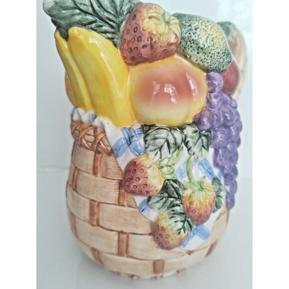 Majolica Ceramic Raised Harvest Fruits JUG Wicker Basket Design 7 1/2" Tall - Picture 9 of 11